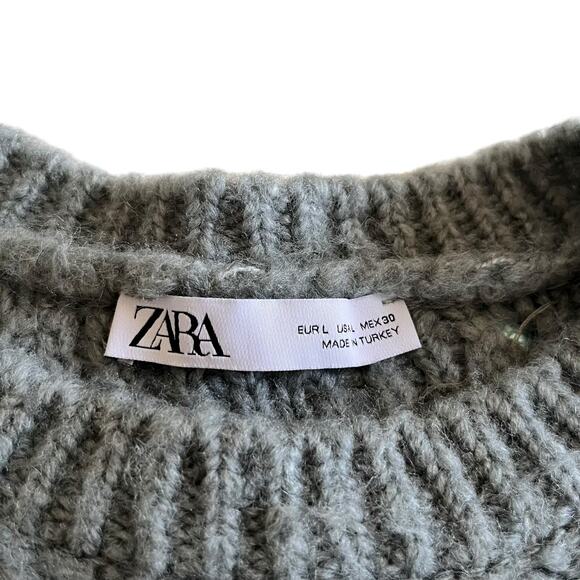Zara Green Sequined Crewneck Long Sleeve Knit Pullover Sweater Size Large - Picture 3 of 6